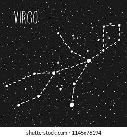 Virgo hand drawn Zodiac sign constellation in white over black starry night sky. Vector graphics astrology illustration. Western horoscope mystic symbol.
