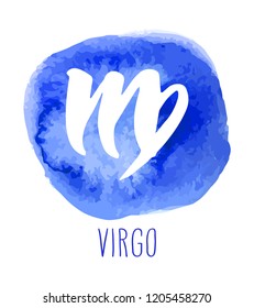 Virgo hand drawn zodiac sign. Astrology design element. Vector graphic illustration in blue watercolor circle isolated over white.