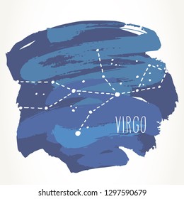 Virgo hand drawn Zodiac sign constellation over blue paint strokes. Vector graphics astrology illustration. Western horoscope mystic symbol isolated over white.