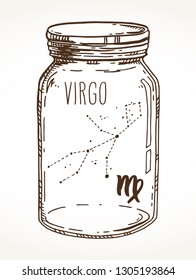 Virgo hand drawn Zodiac sign constellation in a mason jar. Vector graphics astrology illustration. Western horoscope mystic symbol isolated over white.