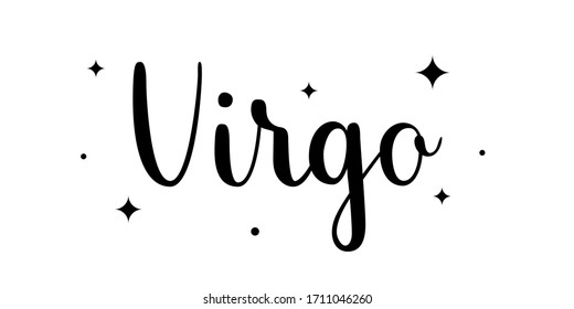Virgo. Handwritten name of sign of zodiac. Modern brush calligraphy style. Black vector text isolated on white background with star elements