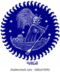 Virgo Horoscope Astrology skeleton character. Zodiac sign with stars in circle isolated on the white background. Vector illustration EPS 10 format.