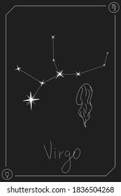 Virgo horoscope card with constelation, zodiac sign and a patronizing planet. Hand drawn vector illustration on dark background. Taro card.