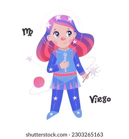 Virgo horoscope character with zodiac sign and handlettering. Cute vector illustration EPS 10.