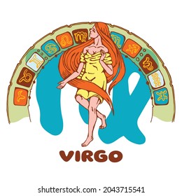 Virgo horoscope. Colorful illustration of a girl on the background of a semicircle with zodiac symbols. Quarterly calendar design