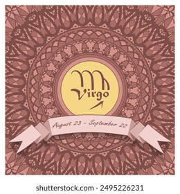 Virgo horoscope sign in an openwork decorative frame with a ribbon and an inscription. Emblem, poster, decorative panel. Vector illustration