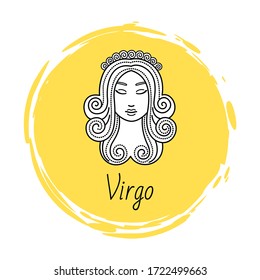 Virgo horoscope and zodiac sign decorative design in circle. Isolated icon of maiden in sketchy manner. Element for virgos or virgoans born in september and august months. Vector in flat style