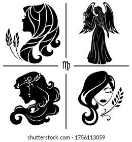 Virgo. Horoscope. Zodiac sign. Set of vector silhouettes in four different styles.