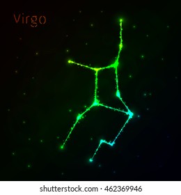 Virgo Illustration Icon, Lights Silhouette on Dark Background. Glowing Lines and Points