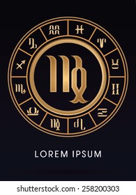 Virgo ,Luxury 12 Zodiac wheel cycle sign, designed using gold line color on dark blue background, logo, symbol, icon, graphic, vector.
