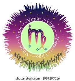 Virgo moon sign. Zodiac sign label. Astrology vector. Aurora gradient burst. Stars pattern. Horoscope symbol. Vedic sign title. Astrology badge. Astronomy sticker. Stock illustration.