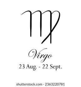 Virgo with name and dates. Horoscope with 12 zodiac signs. From August 23 to September 22. Astrology, fortune telling, constellation, stars, ascendant, pseudoscience, natal chart. Italic style