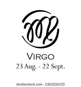 Virgo with name and dates. Horoscope with 12 zodiac signs. From August 23 to September 22. Astrology, fortune telling, constellation, stars, ascendant, pseudoscience, natal chart. Casual style