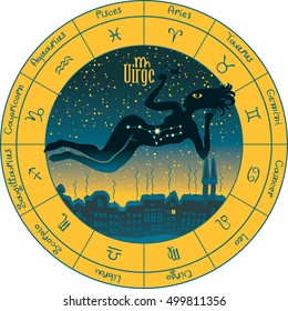 Virgo on the background urban night landscape and the starry sky in circle with the signs of the zodiac