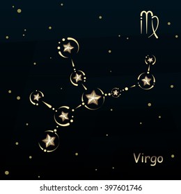 Virgo on a dark blue background, surrounded by stars. Constellation connected lines and decor.