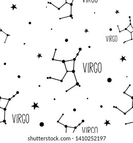 Virgo. Seamless pattern with zodiac sign, stars and constellations. Simle minimalistic hand drawn astrological vector texture for textile, fabric, paper. Black and white, monochrome background. 