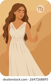 Virgo sign. Horoscopes. Vector illustration of a beautiful woman in the image of Virgo with a spikelet in her hand. Symbol of purity, care, inner harmony. Use for printing, social networks, astrology