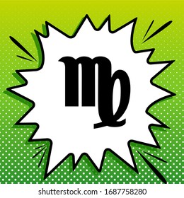 Virgo sign illustration. Black Icon on white popart Splash at green background with white spots. Illustration.
