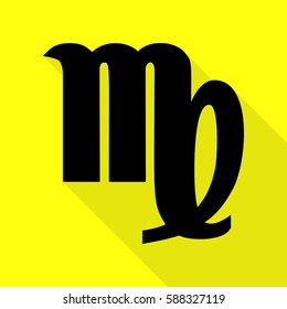 Virgo sign illustration. Black icon with flat style shadow path on yellow background.