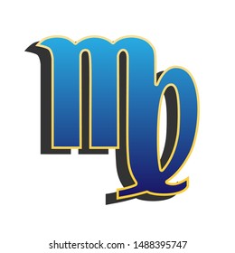 Virgo sign illustration. Blue icon with gold contour with dark gray shadow at white background. Illustration.