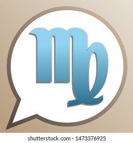 Virgo sign illustration. Bright cerulean icon in white speech balloon at pale taupe background. Illustration.
