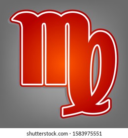 Virgo sign illustration. Flat red icon with linear white icon with gray shadow at grayish background. Illustration.