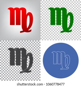 Virgo sign illustration. Vector. 4 styles. Red gradient in radial lighted background, green flat and gray scribble icons on transparent and linear one in blue circle.