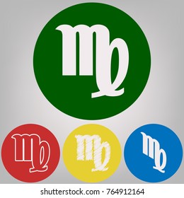 Virgo sign illustration. Vector. 4 white styles of icon at 4 colored circles on light gray background.