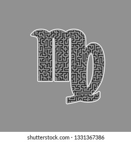 Virgo sign illustration. Vector. Black maze filled icon with white border at gray background.