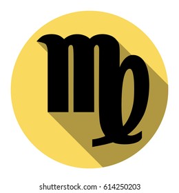 Virgo sign illustration. Vector. Flat black icon with flat shadow on royal yellow circle with white background. Isolated.