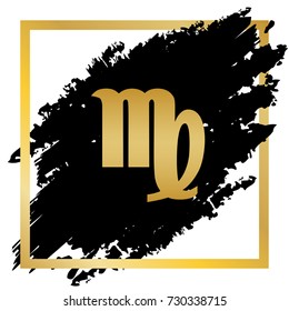 Virgo sign illustration. Vector. Golden icon at black spot inside golden frame on white background.