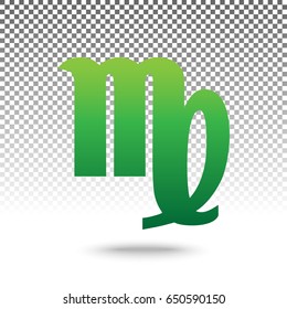 Virgo sign illustration. Vector. Green gradient icon with shadow at bottom on transparent and white background.