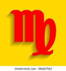 Virgo sign illustration. Vector. Red icon with soft shadow on golden background.