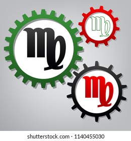 Virgo sign illustration. Vector. Three connected gears with icons at grayish background.
