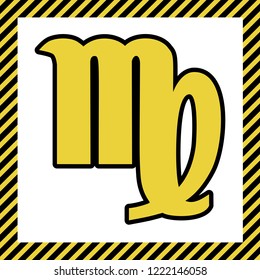 Virgo sign illustration. Vector. Warm yellow icon with black contour in frame named as under construction at white background. Isolated.