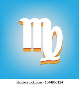 Virgo sign illustration. Vector. White icon with 3d warm-colored gradient body at sky blue background.