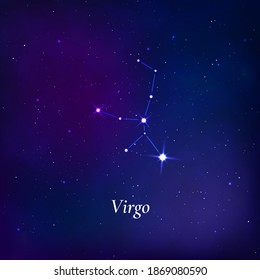 Virgo sign. Stars map of zodiac constellation on dark blue background. Vector