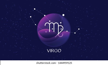 Virgo sign, zodiac background. Beautiful and simple vector image of night, starry sky with virgo zodiac constellation behind glass sphere with encapsulated virgo sign and constellation name. 