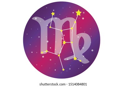 Virgo Signs, Zodiac Background. Beautiful and simple vector images in the midst of a starry galaxy with a constellation of Virgo in the front of the sphere with the Virgo constellation symbol.