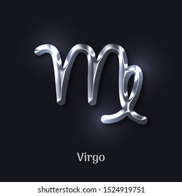 Virgo silver zodiac sign on black background. Star sign for astrology horoscope prediction. Luxury zodiac stylized symbol. Realistic silver design of horoscope constellation vector illustration