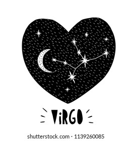 Virgo Symbol. Naive Hand Drawn Zodiac Vector Illustration. Black Heart on a White Background. Black and White Stars and Moon. Starry Night Sky with Moon and Virgo Sign in the Middle of Black Heart. 