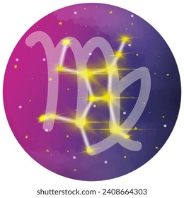 Virgo symbol vector illustration With the constellation of the Virgin on the front and stars on the back on a pink-purple galaxy background.