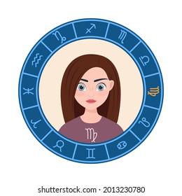 Virgo. vector illustration. cute cartoon girl is like a zodiac sign. round symbol on a white background.