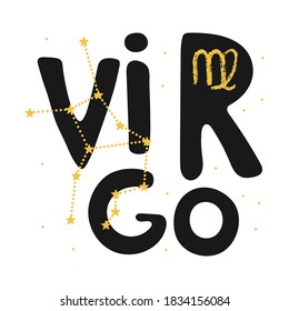 Virgo vector zodiac sign. Hand lettering horoscope illustration in cute Scandinavian style. Isolated paint logo. Forecast 2021. Modern card background