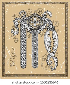 Virgo or virgin Zodiac sign on frame on texture. Collection of astrological symbols in baroque victorian style. Vector hand drawn illustration for Horoscope, Esoteric and Mystic background