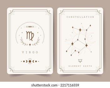 Virgo. Hexenkarten mit Astrologie-Zodiakzeichen und Sternbild. Perfekt für Tarot-Leser und Astrologen. Okkulter magischer Hintergrund. Horoskop-Vorlage. Vektorgrafik im Boho-Stil.