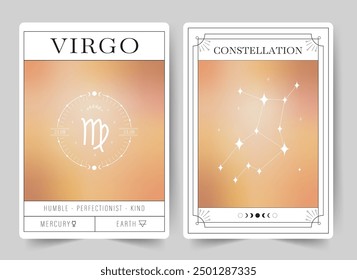 Virgo. Witchcraft cards with astrology zodiac sign and constellation. Modern gradient blurred astrology posters in Y2k style. Perfect for tarot readers and astrologers. Vector illustration.