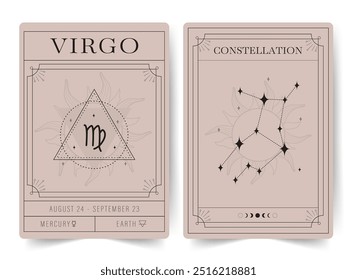 Virgo. Witchcraft cards with astrology zodiac sign and constellation. Modern boho astrology posters. Perfect for tarot readers and astrologers. Vector illustration.