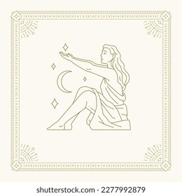 Virgo Frau goddess zodiac line Art deco antiken Rahmen Vintage Karte Design Vektorgrafik. Alte esoterische Weibchen mit Sternen und Halbmond-Halbmond-Konstellation Himmelsmond-Mondkalender-Kunstwerk