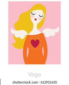 Virgo woman horoscope sign as a blonde haired girl with kind love heart and angel wings. Vector illustration. Charity.